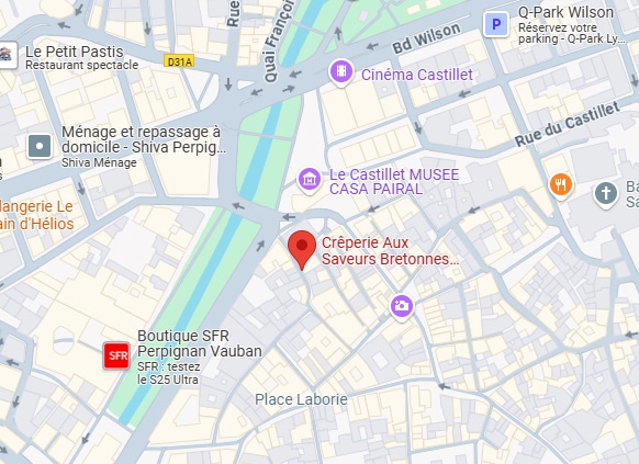 Carte de Perpignan montrant Crêperie Aux Saveurs Bretonnes (point rouge), Le Castillet, Cinéma Castillet, SFR, Le Petit Pastis.