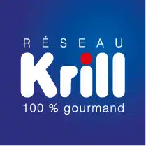 Logo Réseau Krill en blanc avec point rouge sur le i, texte "100 % gourmand" en bas. Fond bleu profond.