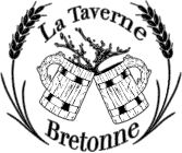 Logo La Taverne Bretonne: deux chopes de bière en bois qui trinquent entourées d'épis de blé.