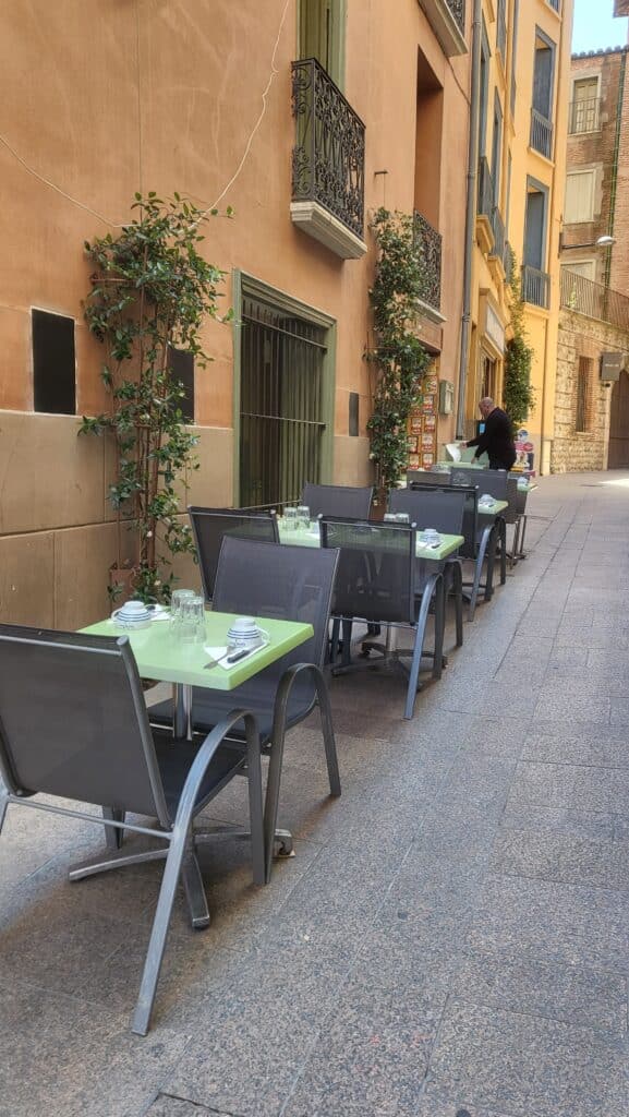 Terrasse de restaurant avec tables vertes, chaises sombres, et plantes grimpantes sur mur ocre. Un homme prépare, affichages Petit Futé.